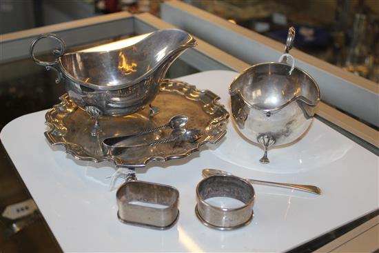 Silver waiter, piecrust edge, pair silver sauce boats, two silver napkin rings sundries